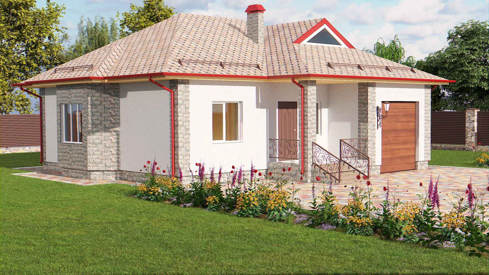 Архитектурная 3D визуализация загородного дома с гаражом