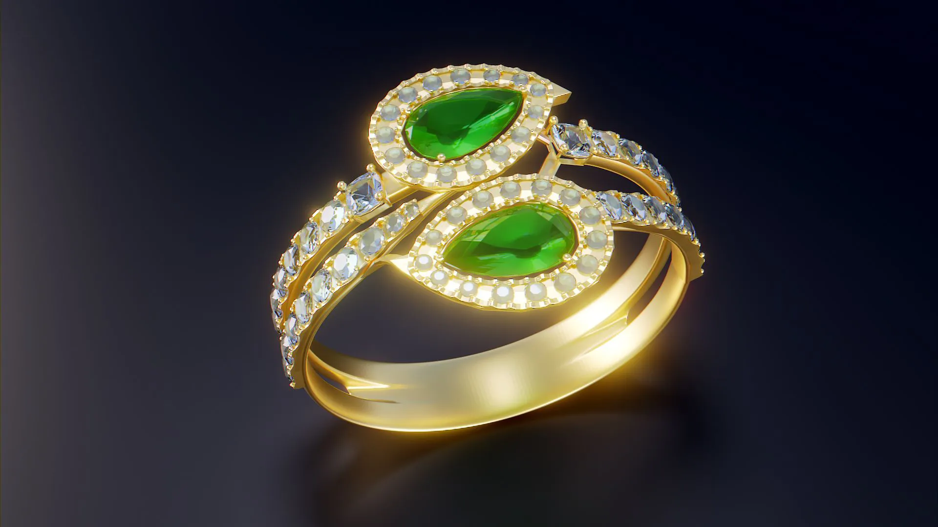3D Моделирование золотого кольца с бриллиантами и двумя изумрудами.
