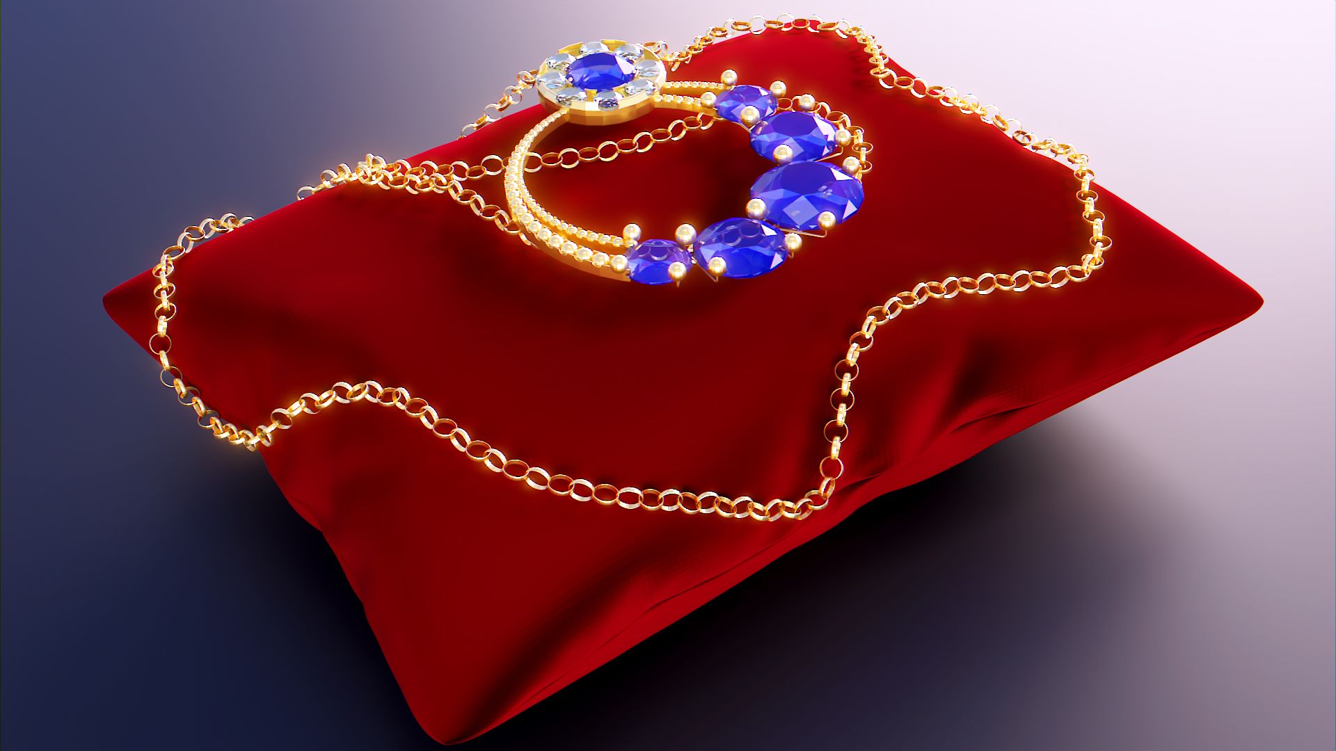 3D моделирование проекта золотого кулона с цепочкой на шею ролло на красной бархатной ювелирной подушке.