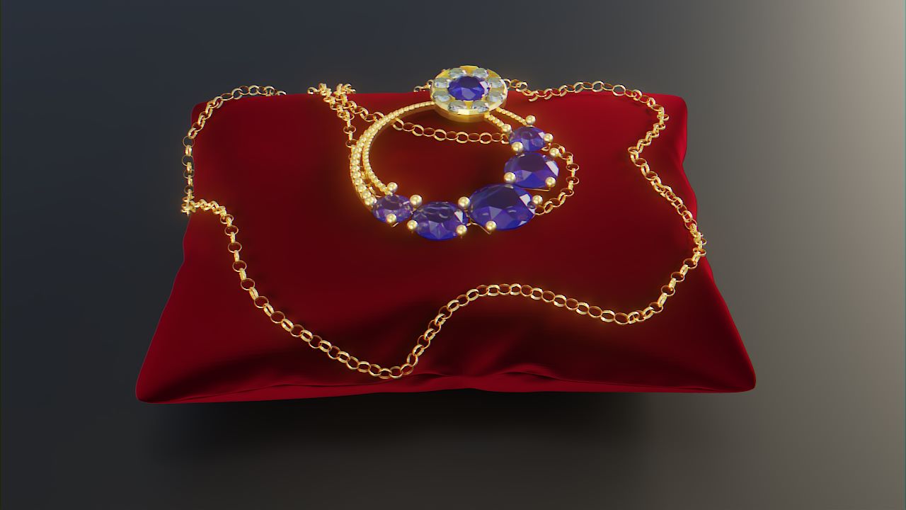 Видео анимация золотого кулона с цепочкой на ювелирной подушке.